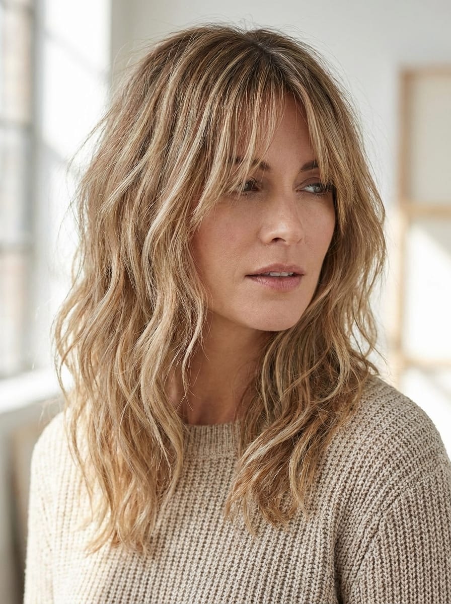 Blonde Layers mit Curtain Bangs - Mittellanger Stufenschnitt mit Curtain Bangs